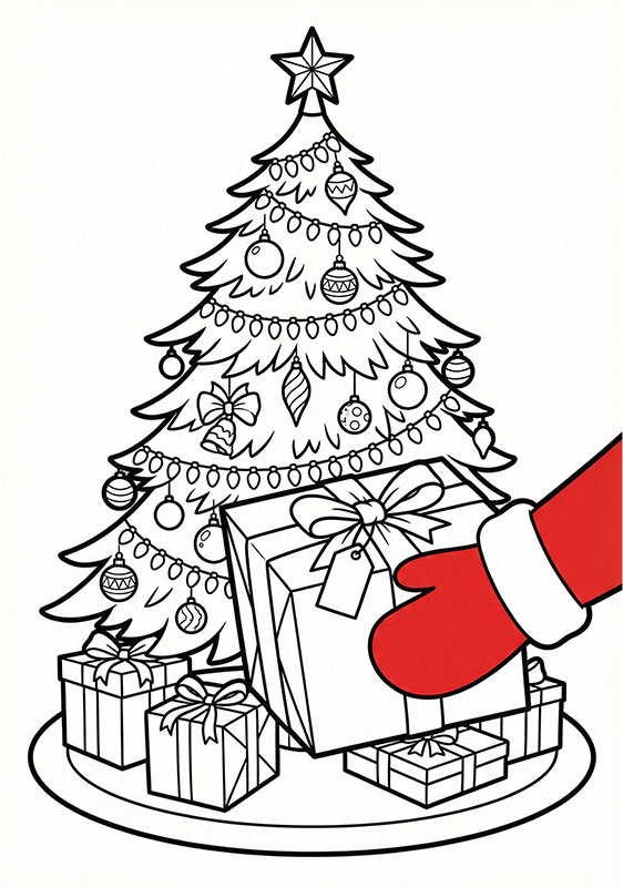 Božična Pobarvanka božiček prinesel darilo pod okrašeno drevo